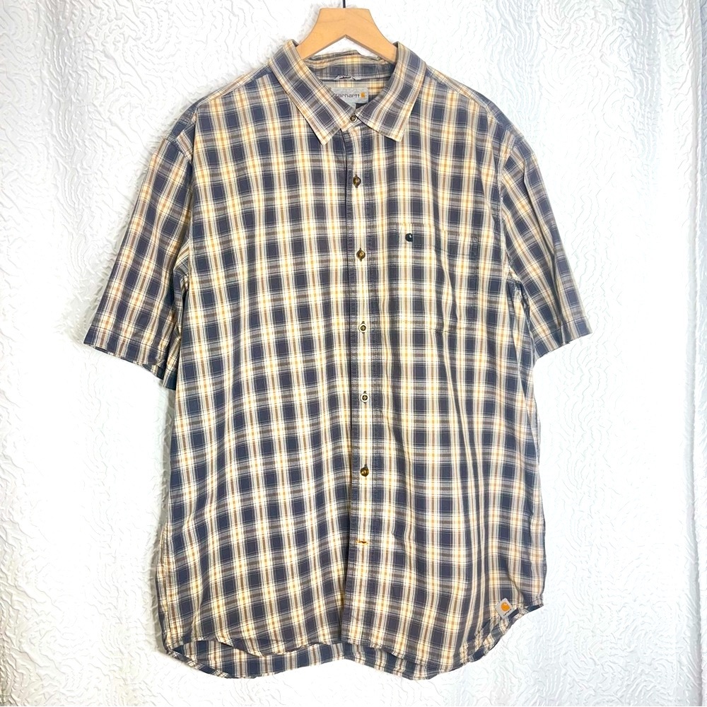 Carhartt Men's XL Plaid Short Sleeve Button Down Cotton Work Shirt Gray Tan